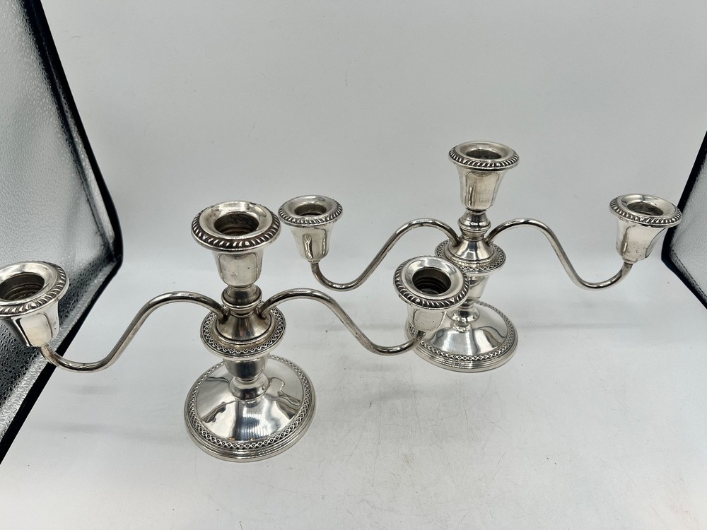 Pair Rogers sterling silver three-light candleabra with decorative beaded rim