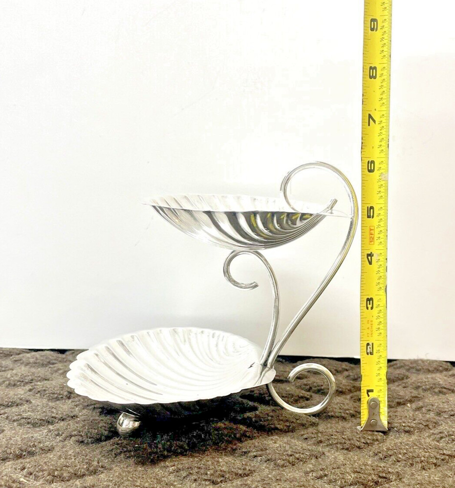 Sterling Silver 2 Tier Shell Dishes Curved Handle Mexico, 204 grams