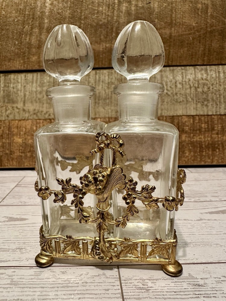 Vtg APOLLO STUDIOS Ormolu Caddy w/2 Crystal Perfume Bottles Vanity Set READ