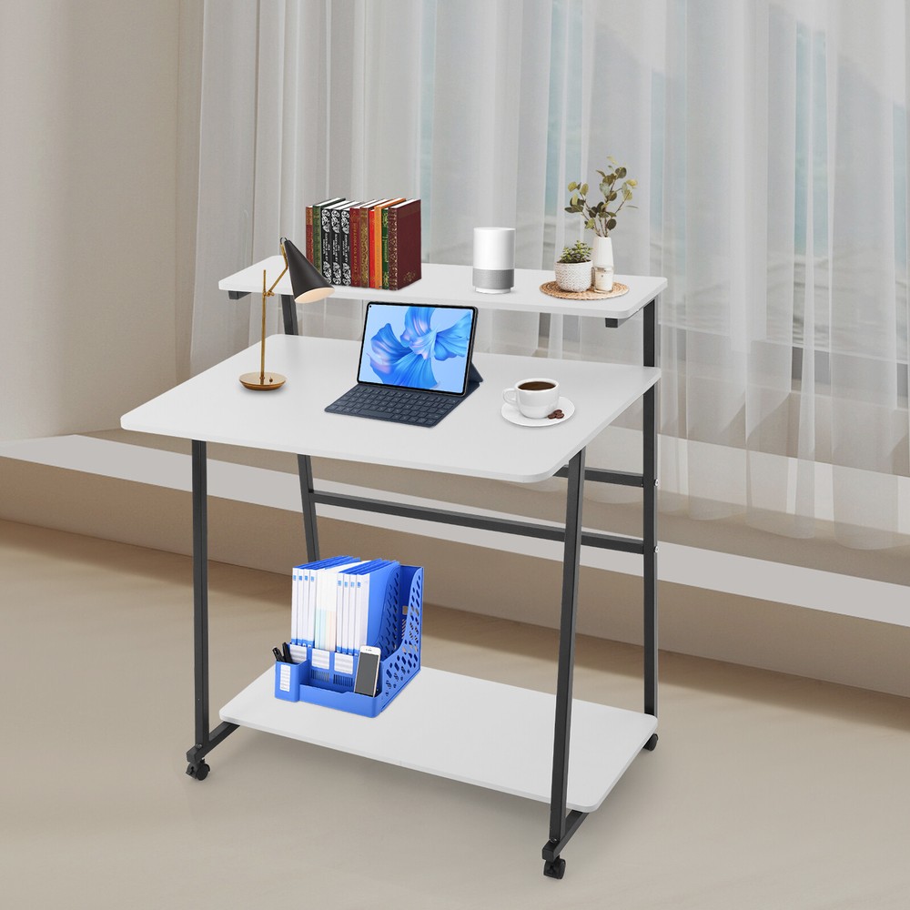 3-tier Computer Desk, Home Office Desk, Rolling Computer Desk, Black, White