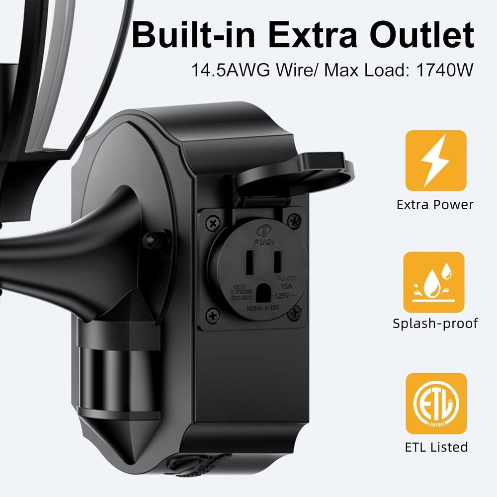 2 Pack Porch Lights with Outlet, Motion Sensor Outdoor Lights
