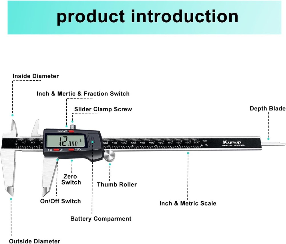 Kynp Digital Caliper, 8 Inch Micrometer Caliper Tool, Vernier 8Inch, Black