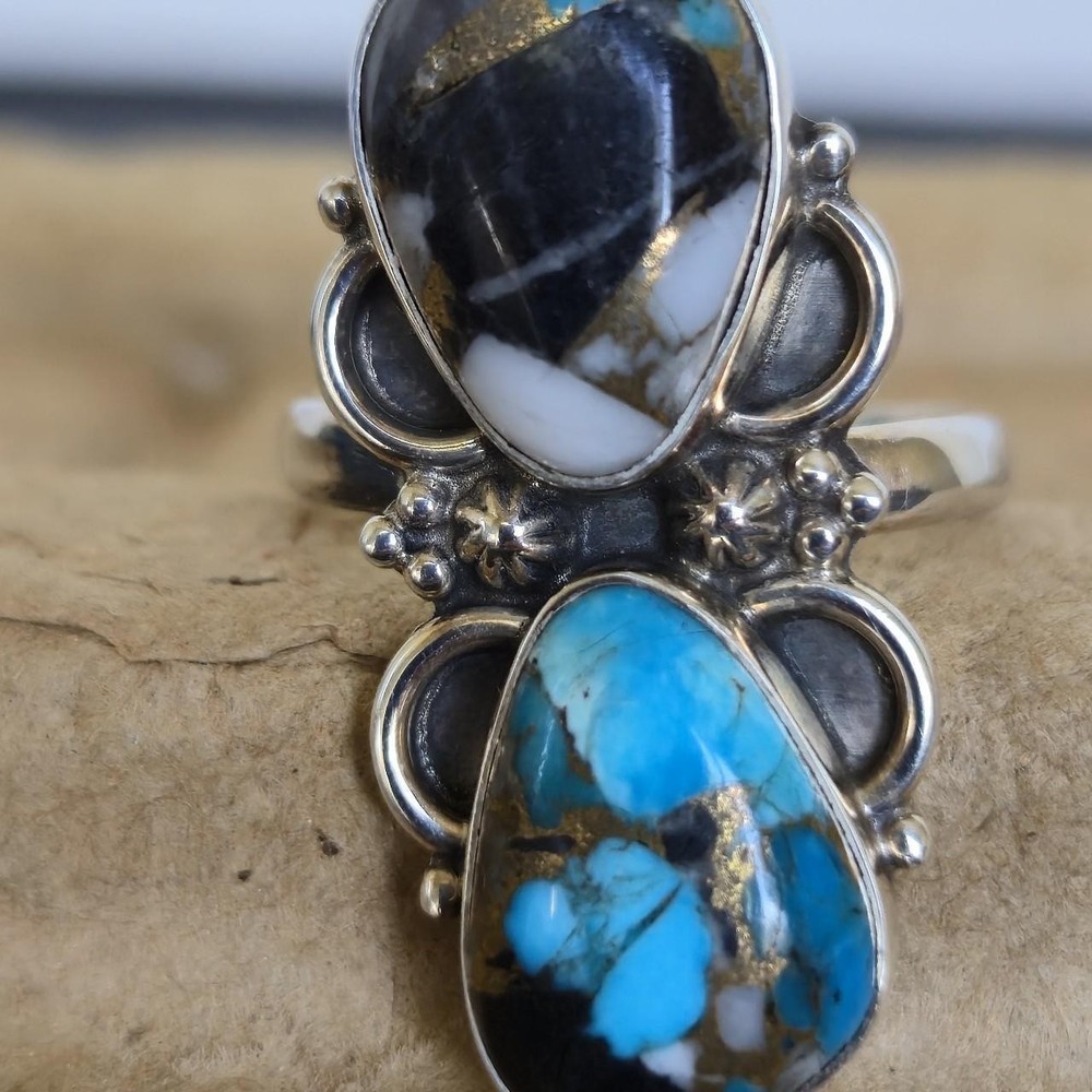 925 Sterling Silver Turquoise Adjustable Ring Western, Boho Style
