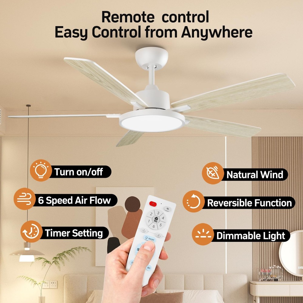 52 Inch White Ceiling Fans with Lights Led Remote Control Flush Mount Low Pro...