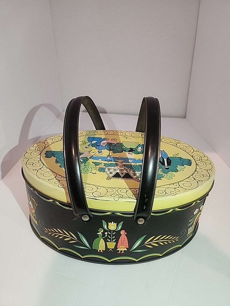 Vintage Tin Litho Box Basket Double Swing Handle