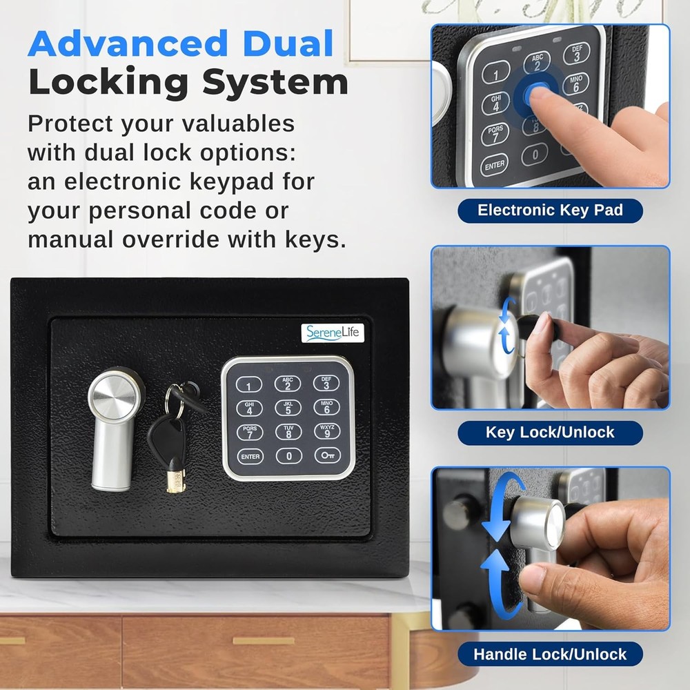 SereneLife Compact Electronic Safe Box with Digital Touch Pad Includes Keys