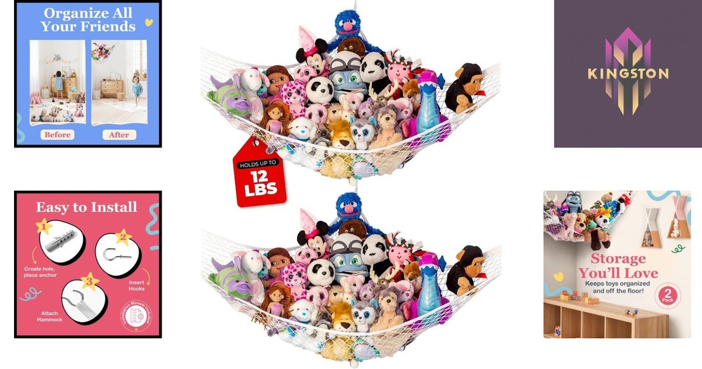 Charming White Stuffed Animal Storage Net – Corner Hanging Organizer, 2 Pack