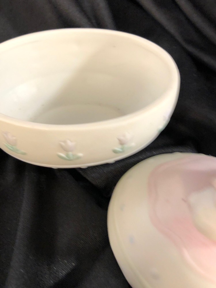 Vintage Hand Painted Easter Egg Bunny rabbit hugging baby Trinket Box