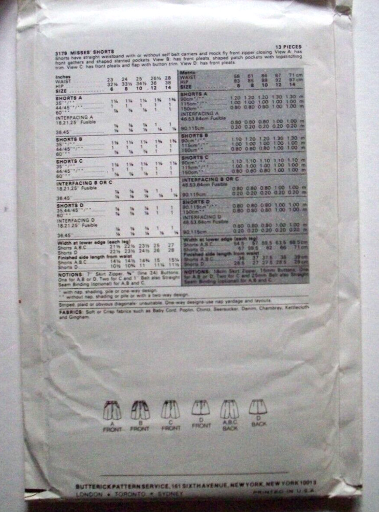 80's Short shorts pattern 3179 size 14 uncut