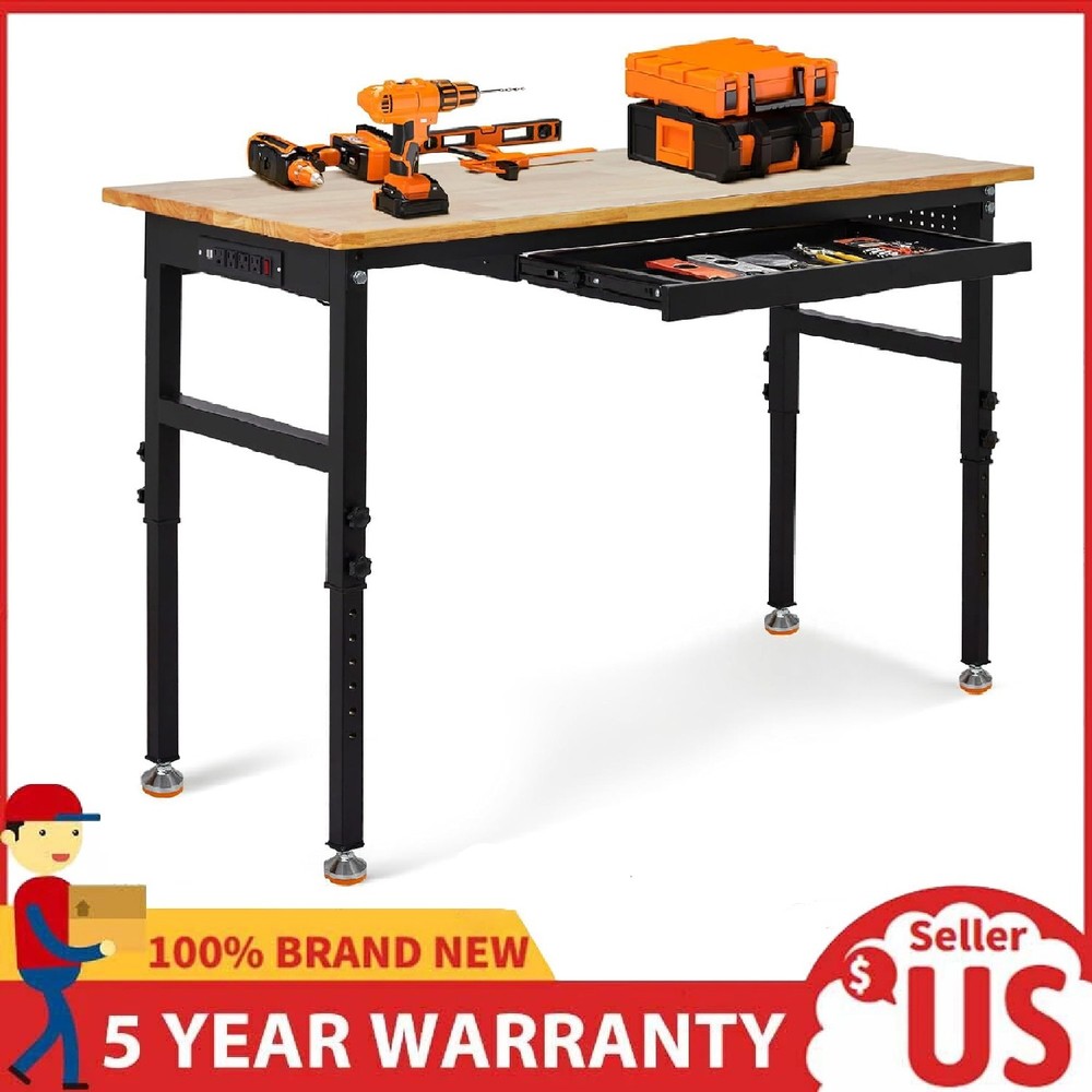 60" Adjustable Workbench w/Drawer & Power Outlets, 2000Lbs Work Table for Garage