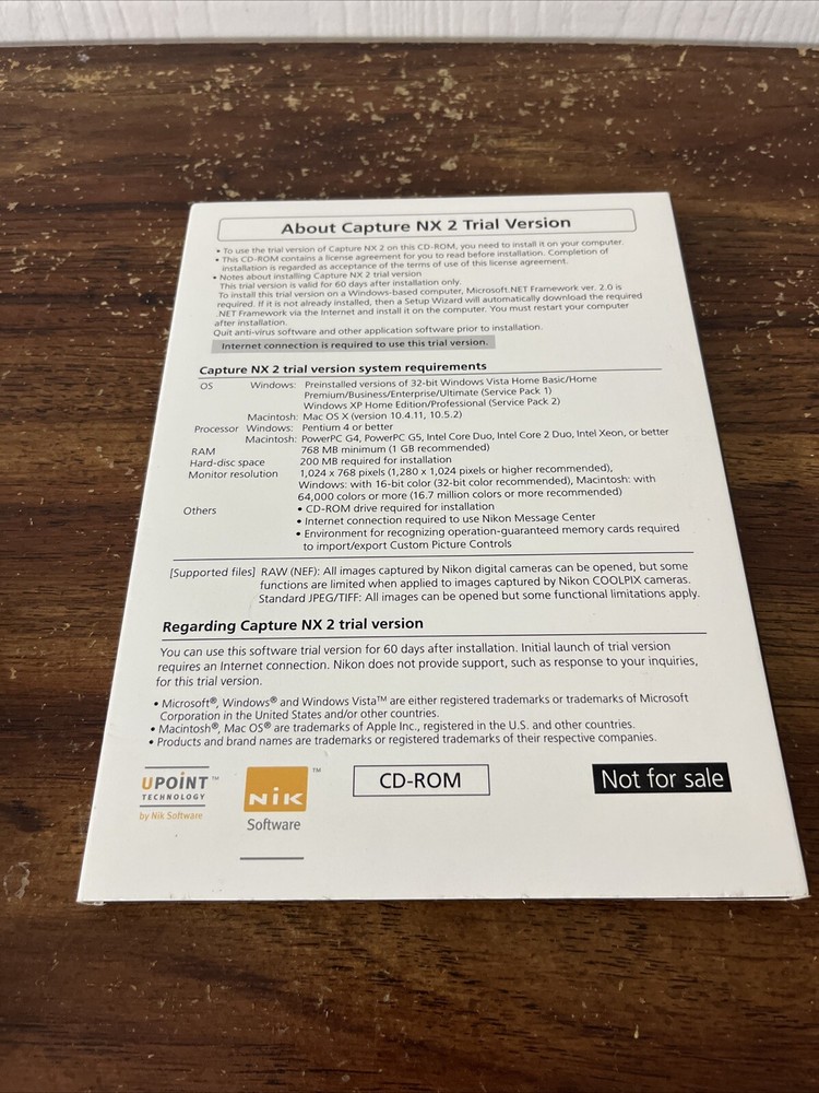 Nikon Capture NX 2 Camara Software CD Trial Version Windows & Mac Computer