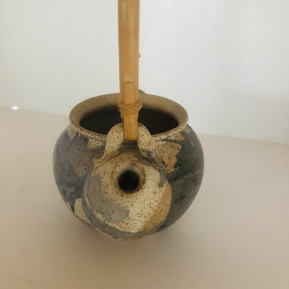 Studio Art Pottery Stoneware Teapot Bamboo Handle & Cup Speckled Glaze Signed