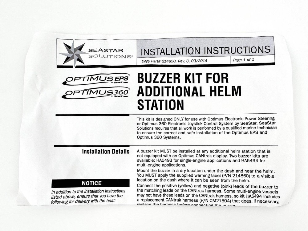 SeaStar Optimus Dometic Buzzer Wiring / Installation Kit HA5493