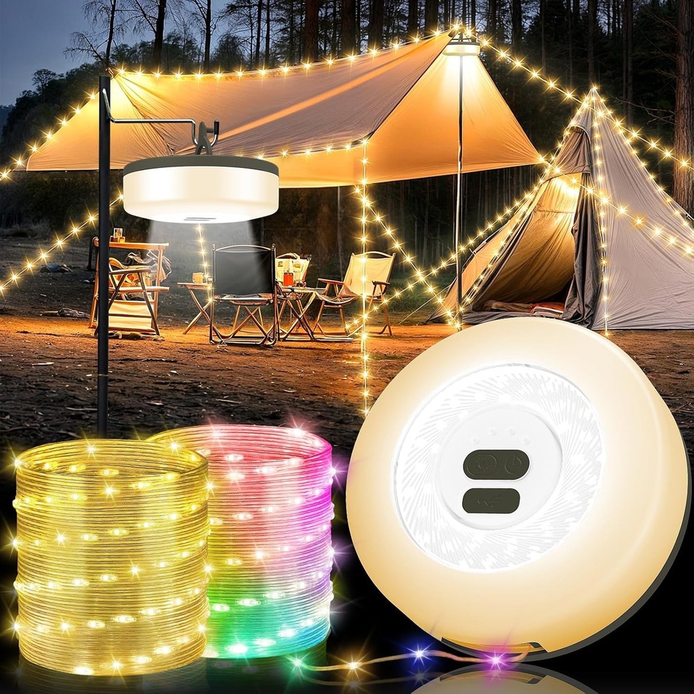 32.8FT Rechargeable Camping String Lights 9 Modes Waterproof Portable Tent Lamp