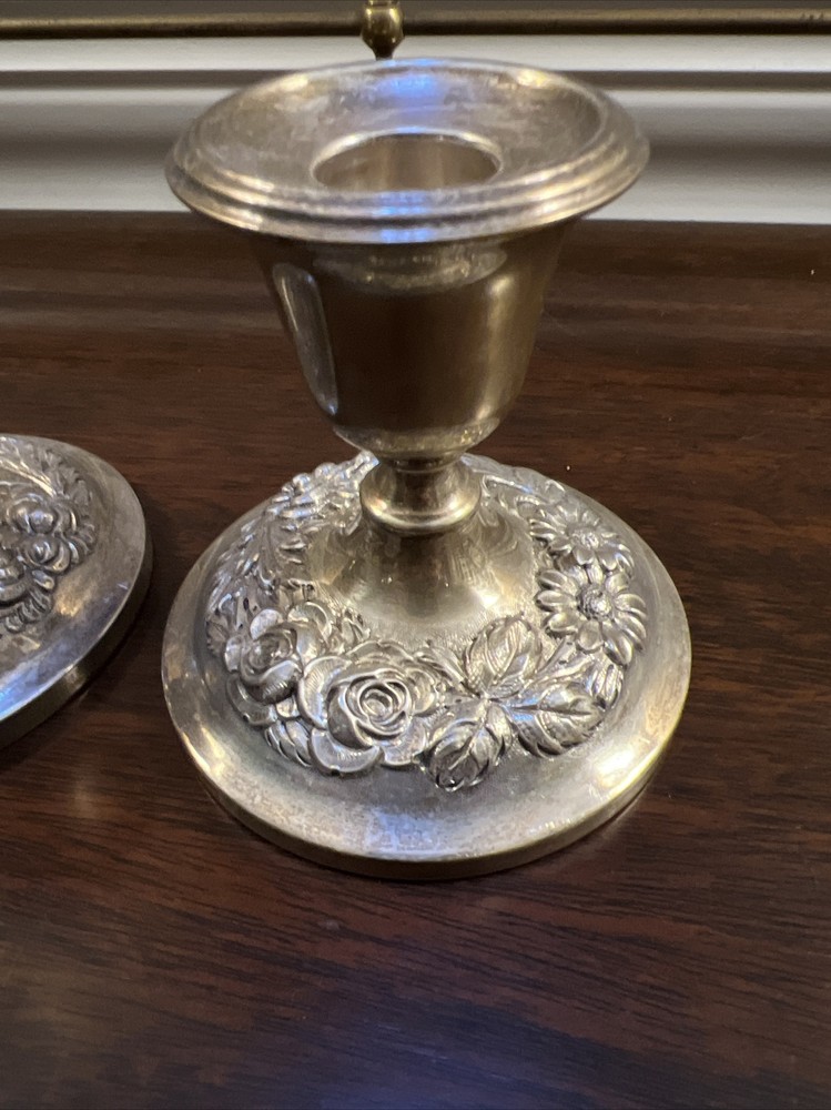 Stieff Sterling Silver Hand Chased Rose Candlesticks #158