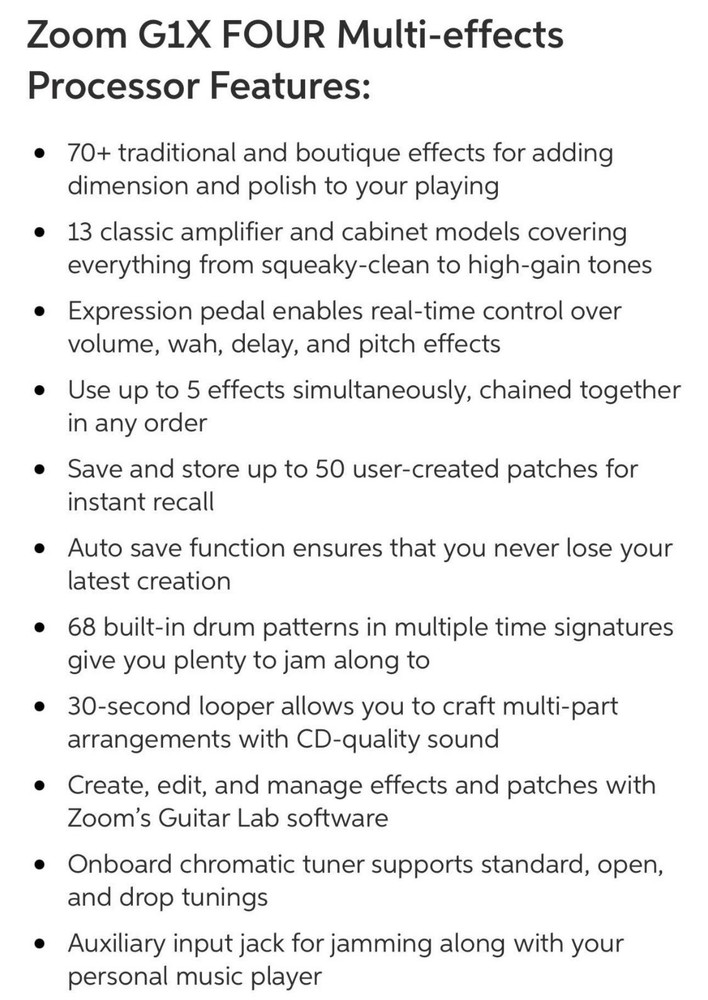 Zoom G1X FOUR Multi-Effects Processor Looper Delay Distortion for Electric Guit…