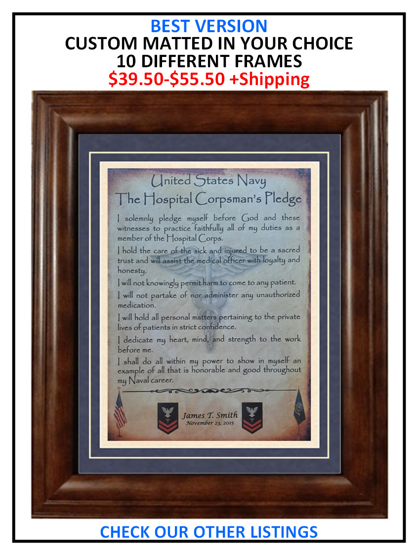 MC-BETTER: NAVY Hospital Corpsman's Pledge FRAMED (B2) PERSONALIZED