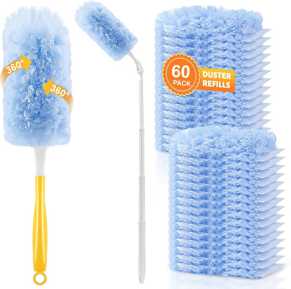60-Pack Heavy Duty Duster Refills Compatible with Swiffer, 3FT Extendable Handle