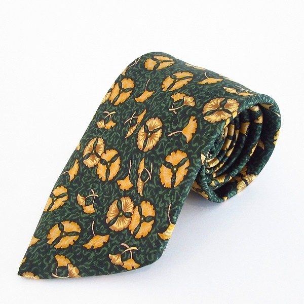 HERMES Tie Green Yellow Allover Pattern Silk