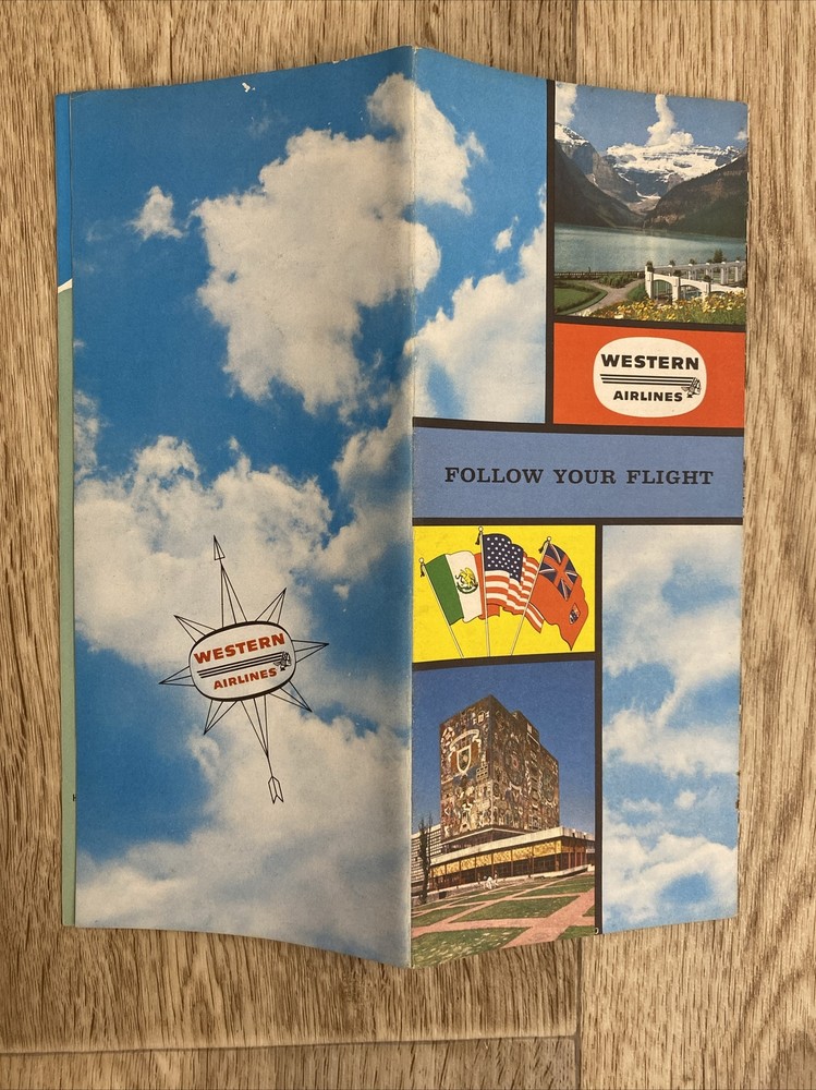 Western Airlines System Route Map and Information Guide 1960s Fold Out Maps