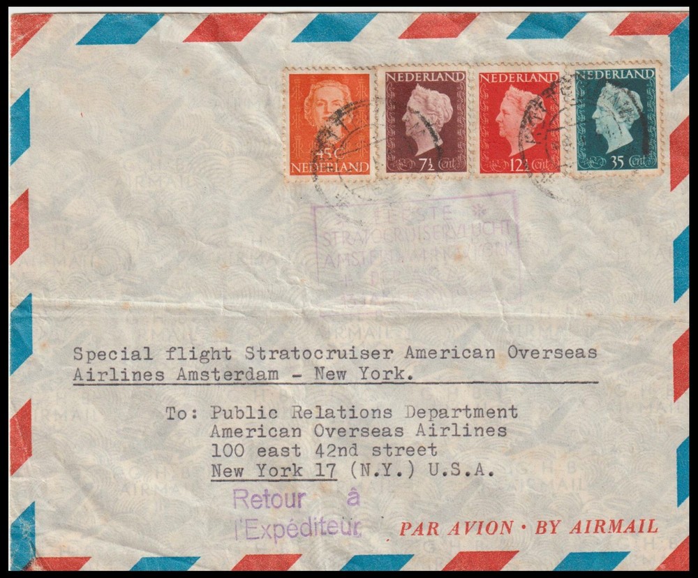 NETHERLANDS 1950 STRATOCRUISER SPECIAL FLIGHT MAIL (JF)