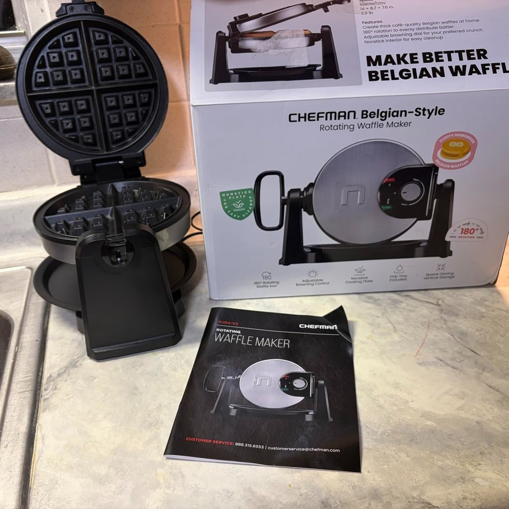 Fluffy Belgian Waffle Maker, Rotating Iron, Non-Stick Plates