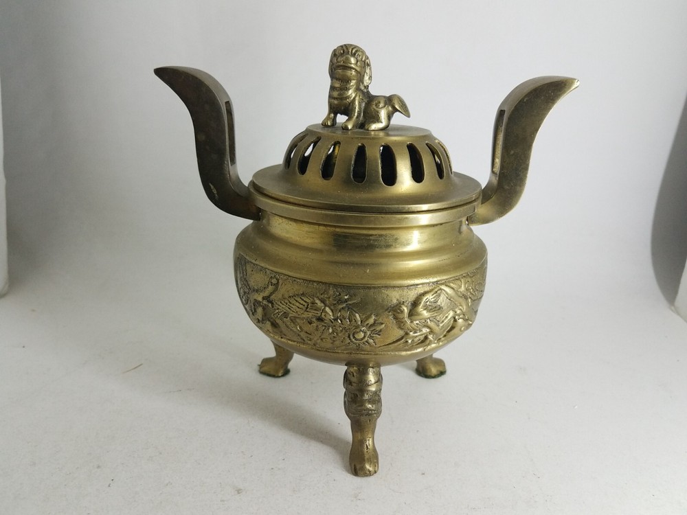 Solid Brass Foo Dog Incense Burner Pot Made In Hong Kong