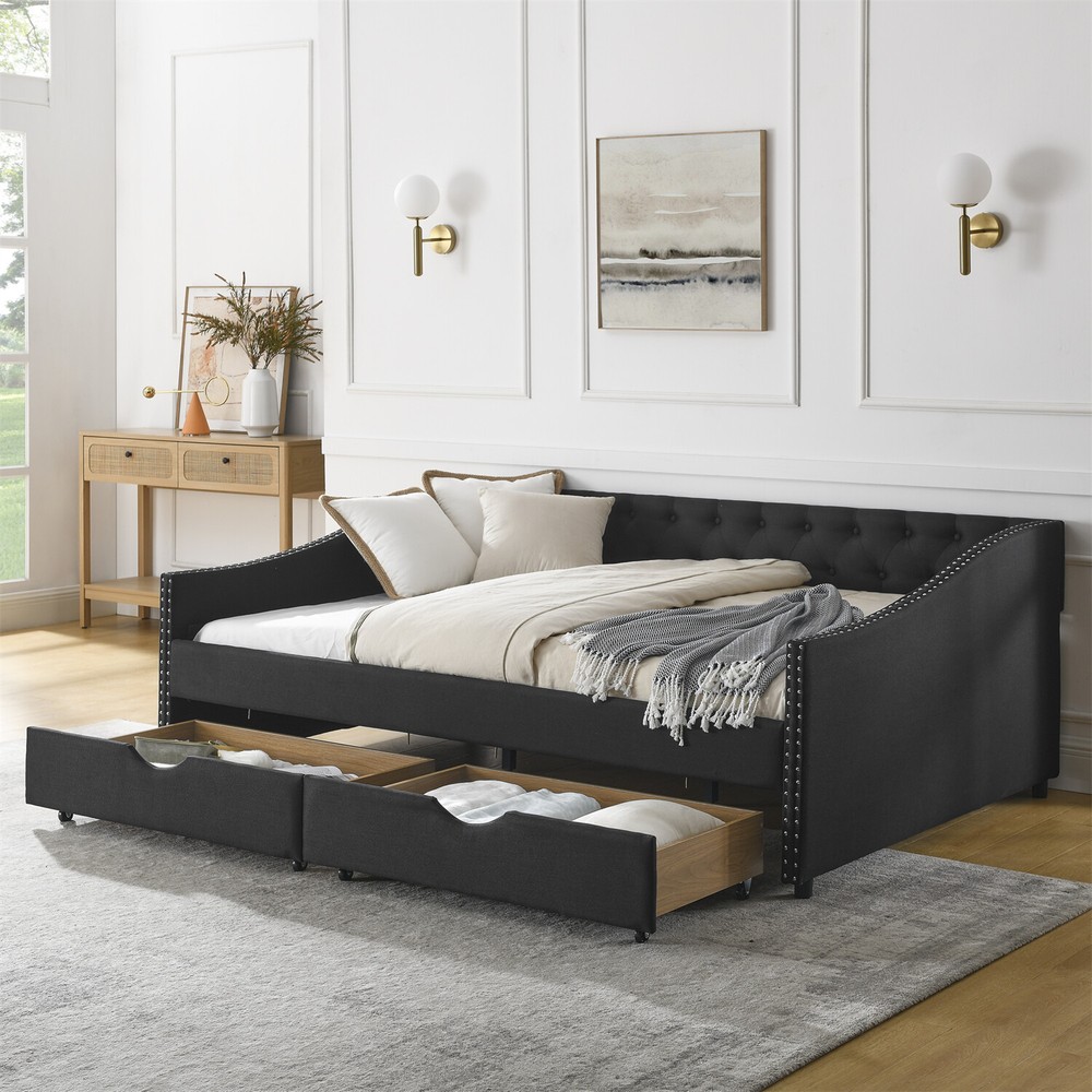 Full Size Daybed Upholstered Bed Frame Sofa Bed w/ 2 Storage Drawers US