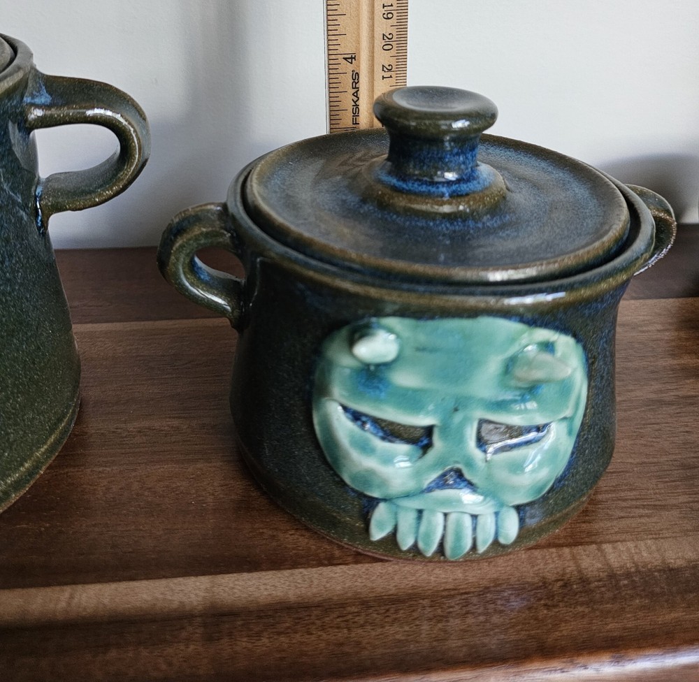 Scull Handmade Pottery 3 Canisters Green Jar Storage Unique