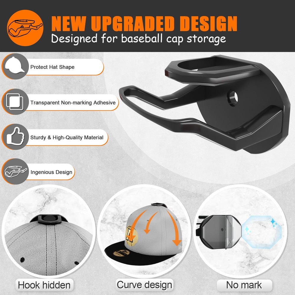 24 Pack Adhesive Hat Hooks for Wall, Strong Rack Baseball Caps, Black