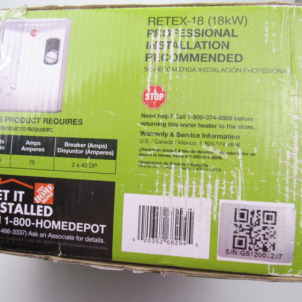 Rheem RETEX-18 Electric Tankless Water Heater Performance 18kW 3.5 GPM 240V NEW