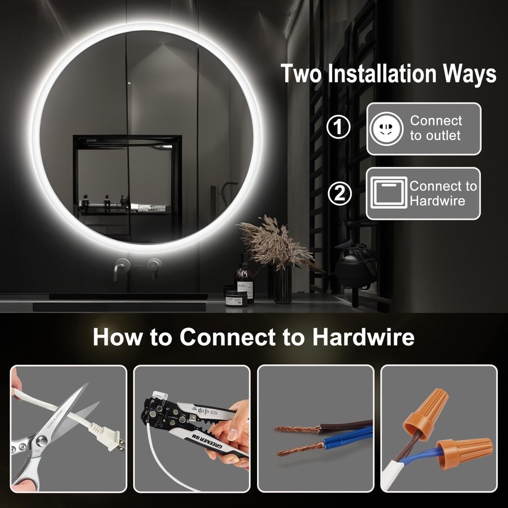 S·BAGNO 24’’ Round Led Bathroom Mirror with Lights, Backlit and Front Lighted