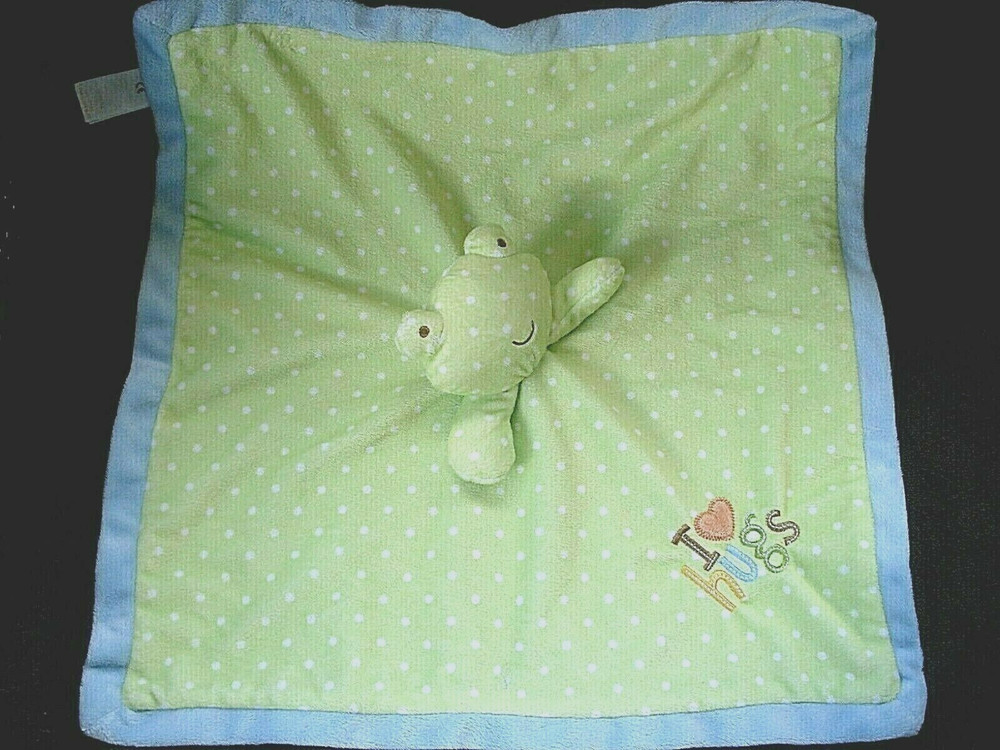 Early Days Green White Dot Frog Security Blanket Blue Satin