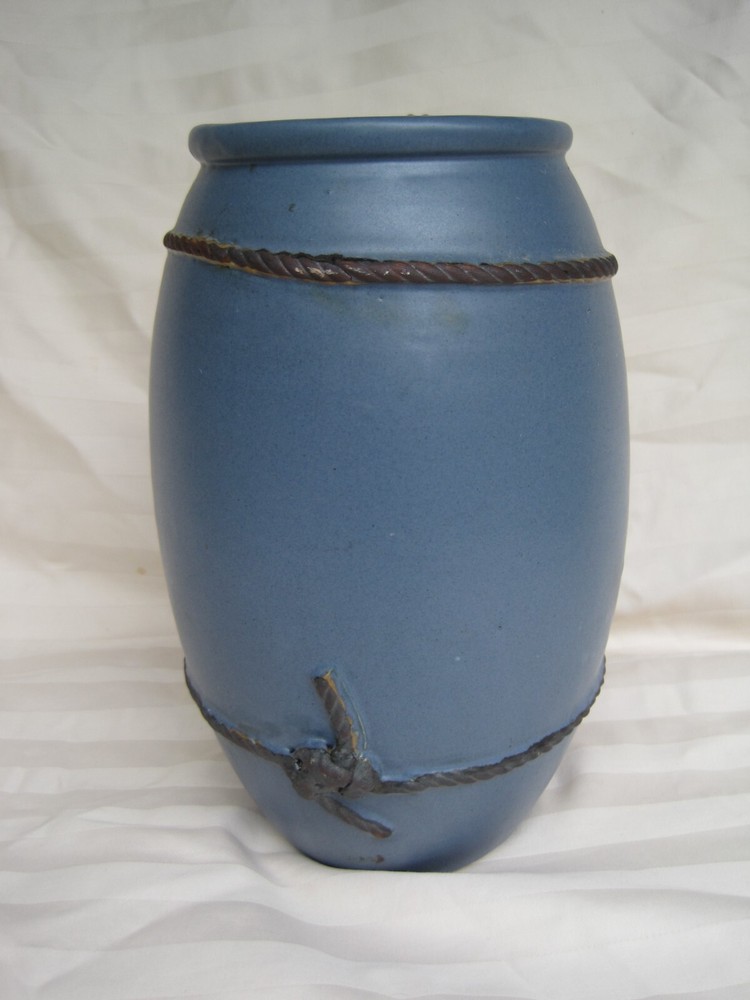Blue Ceramic Vase with Palm Leaf and Rope