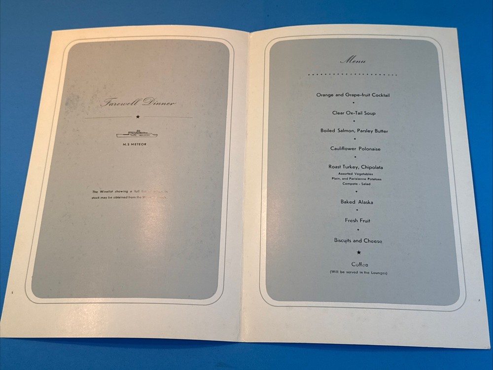 1963 M.S. Meteor Menu & Day's Program Bergen Lines, North Cape