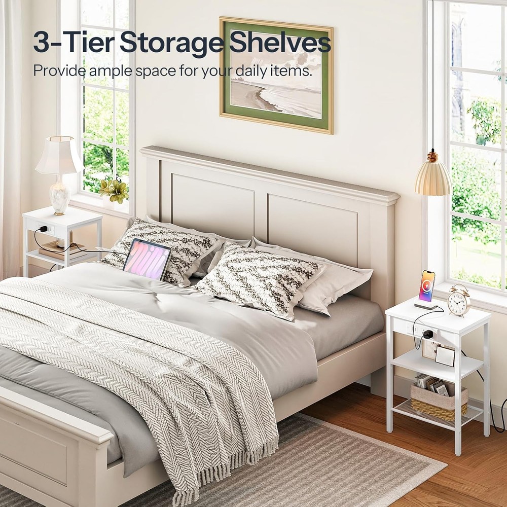 Side Table W/ Charging Station & USB Port Small End Table Small Space 3-Tier