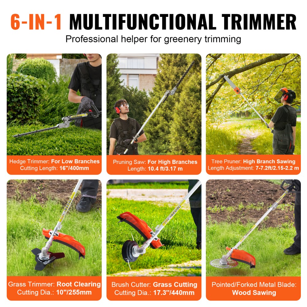 26CC 6-in-1 Gas Multi-Function Pole Hedge Trimmer w/ Extension Pole Gloves