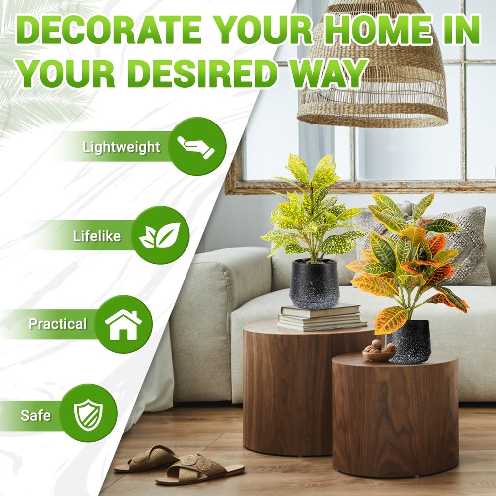 2 Pack Realistic Artificial Potted Plants Codiaeum Variegatum, 11.8" Small Fa...