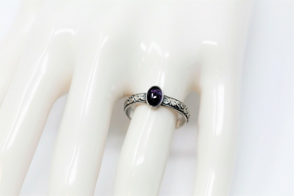 Oval Amethyst Ring Vine Pattern 925 Sterling Silver N-S