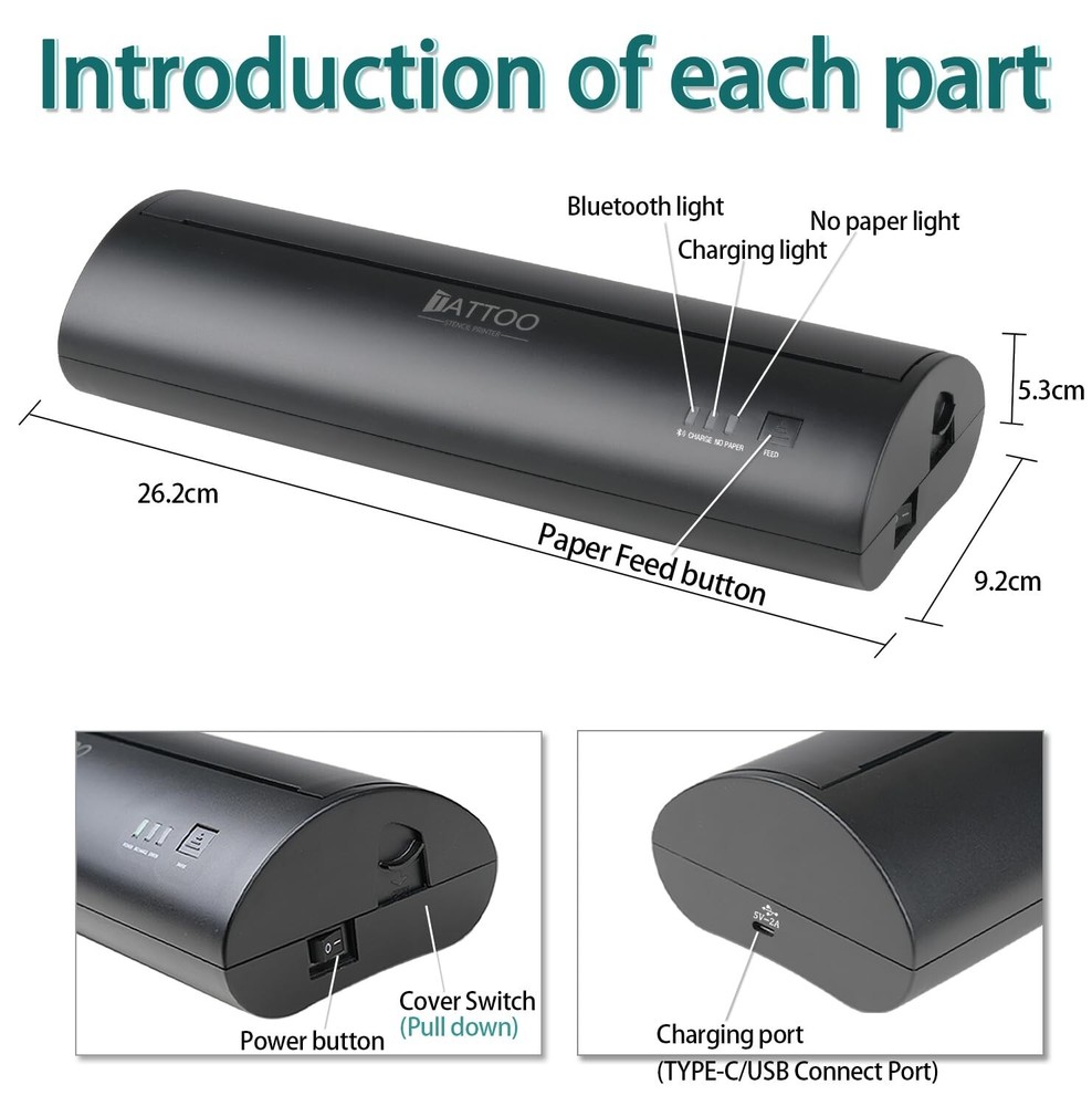 Atelics Wireless Tattoo Transfer Stencil Printer, with Storage Case