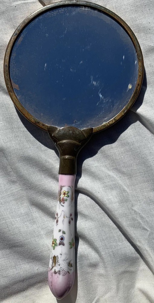 Vintage Small Hand Held Mirror Porcelain Handle With Metal Frame 8 1/2” x 4”