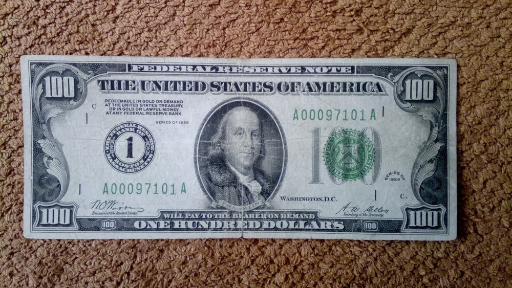 EXT. RARE 1928 PLAIN $100 ONE HUNDRED DOLLAR VERY L. N. NOTE,CF/VF,BOSTON-ISSUED