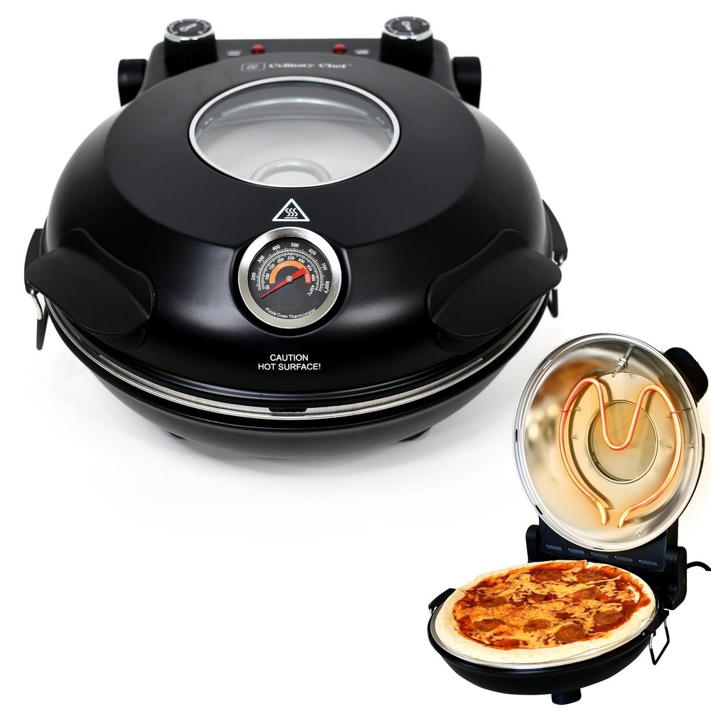 CULINARY CHEF Electric Pizza Oven with Ceramic Stone, Viewing Compact, Black