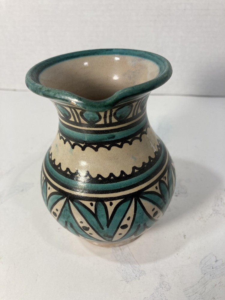 Art Pottery Small 5” Pitcher Green & Black Design-Signed