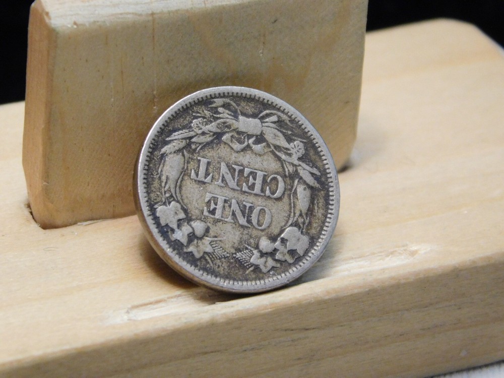 1858 Flying Eagle cent large letters 180+ degrees rotated reverse