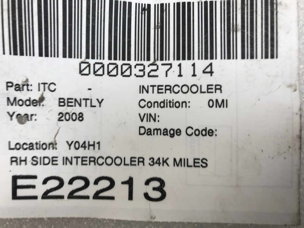 2008 BENTLEY CONTINENTAL GTC RH SIDE INTERCOOLER