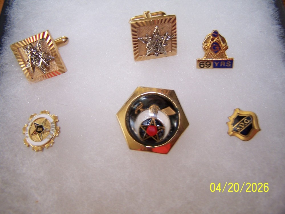 Vintage Masonic Pinbacks & Cufflink = Bolo Slide
