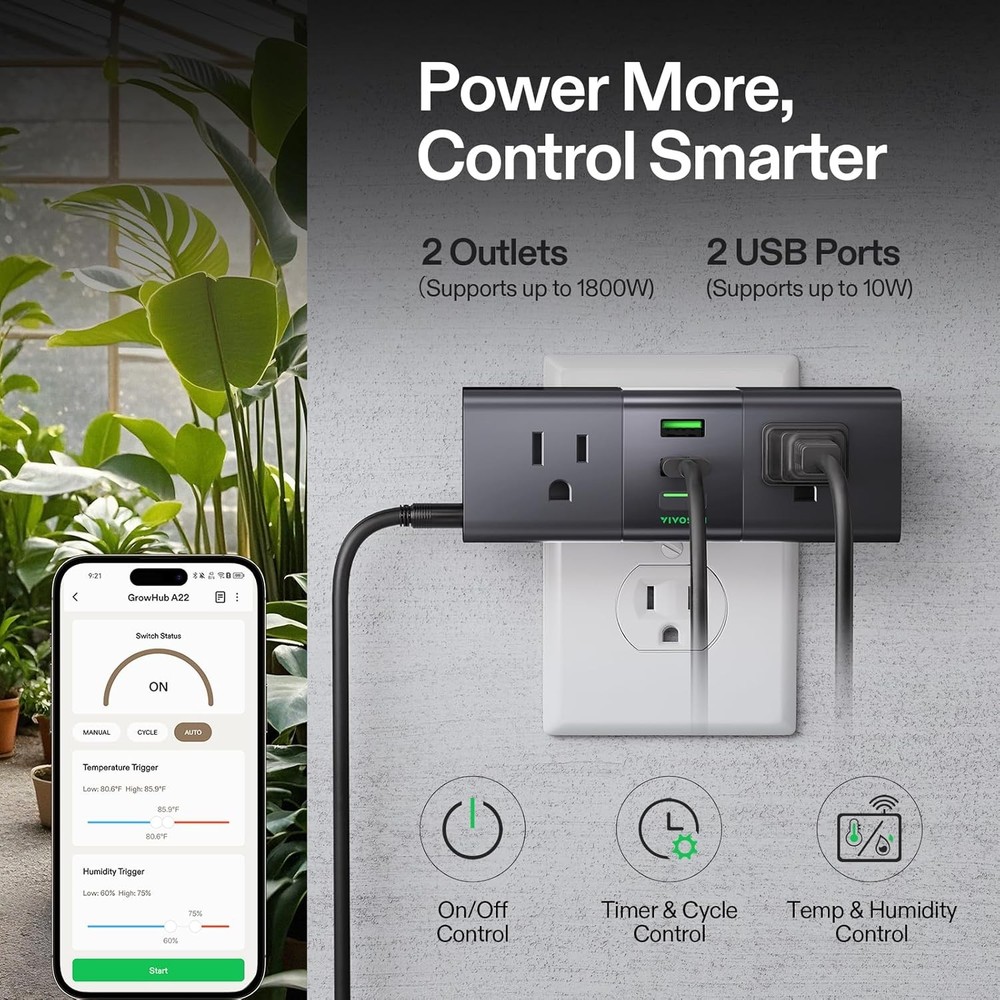 VIVOSUN A22 GrowHub Outlet Controller w/ T&H Sensor WiFi Environment Controller