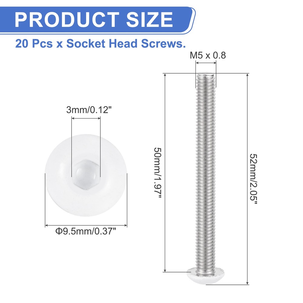 20 Pcs M5-0.8 x 50mm Button Head Socket Cap Screw Machine Screw, White