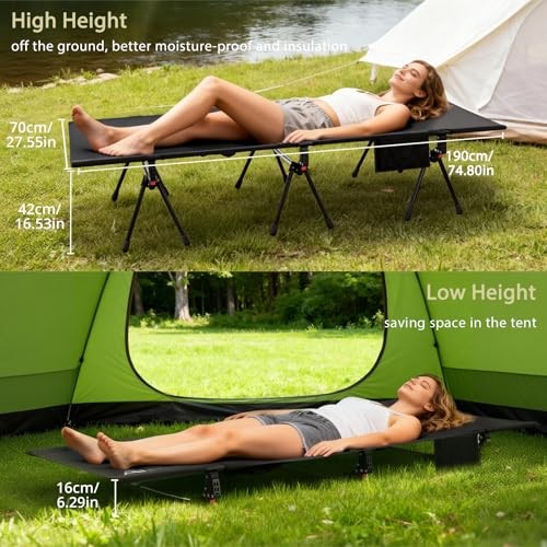 Height Adjustable Camping Cot with Storage Net & Bag, Support up to 400lbs